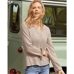 Garnet Hill Banded-Collar Gauze Shirt Size 10 Striped V Neck Tan Organic Cotton